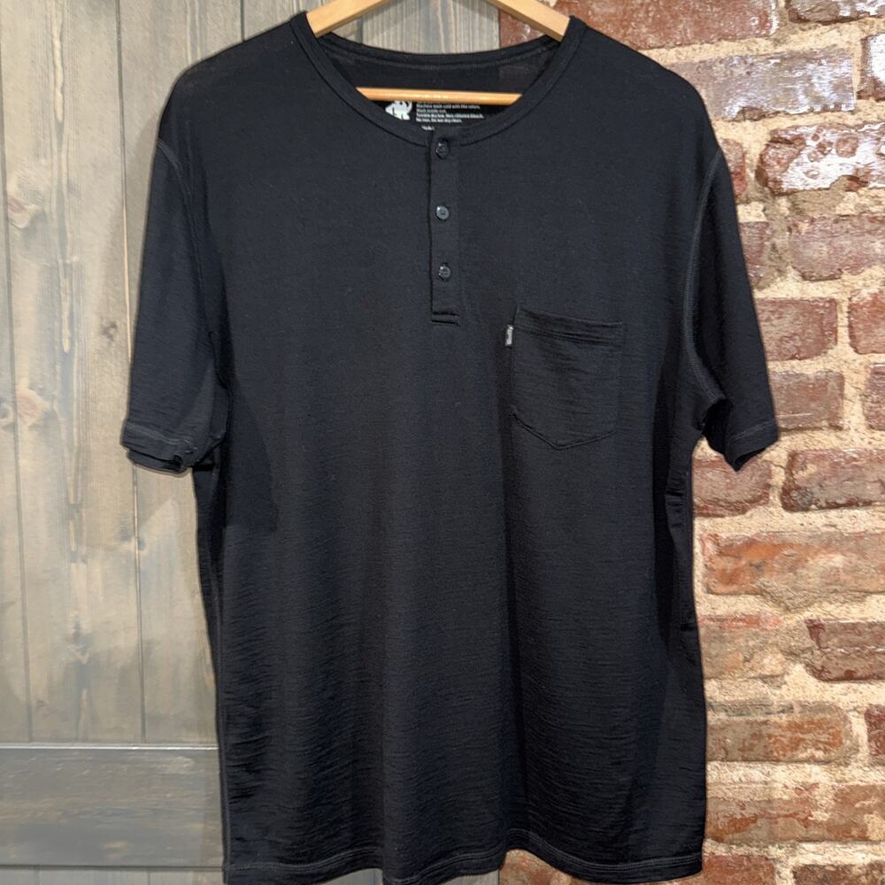 Woolly 100% Merino Wool Henley Shirt Mens XL Black Short Sleeve base Layer EUC